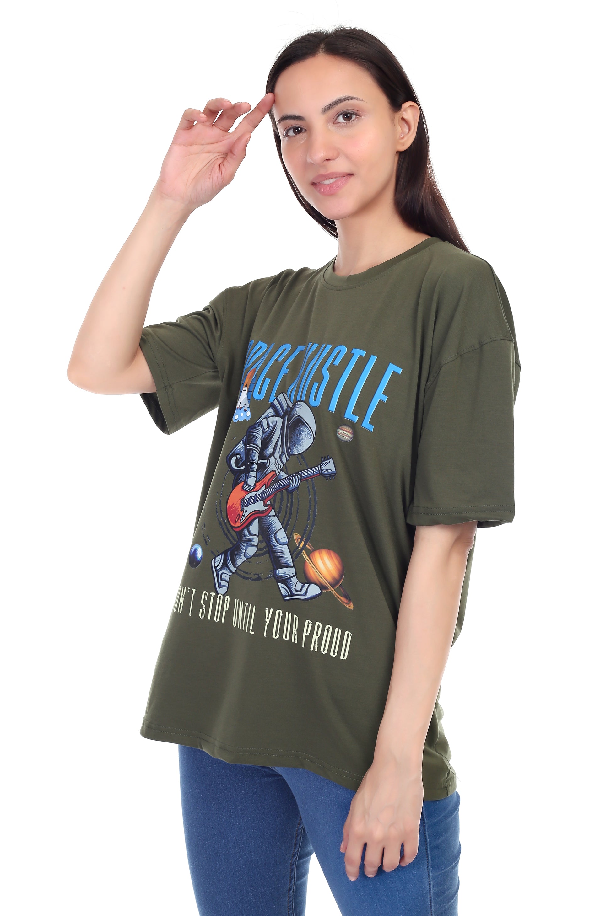 Women's Space Hustle Astronaut Printed Round Neck Half Sleeve Cotton Blend Over Sized T-Shirt