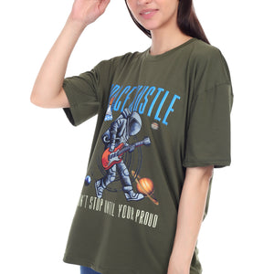 Women's Space Hustle Astronaut Printed Round Neck Half Sleeve Cotton Blend Over Sized T-Shirt