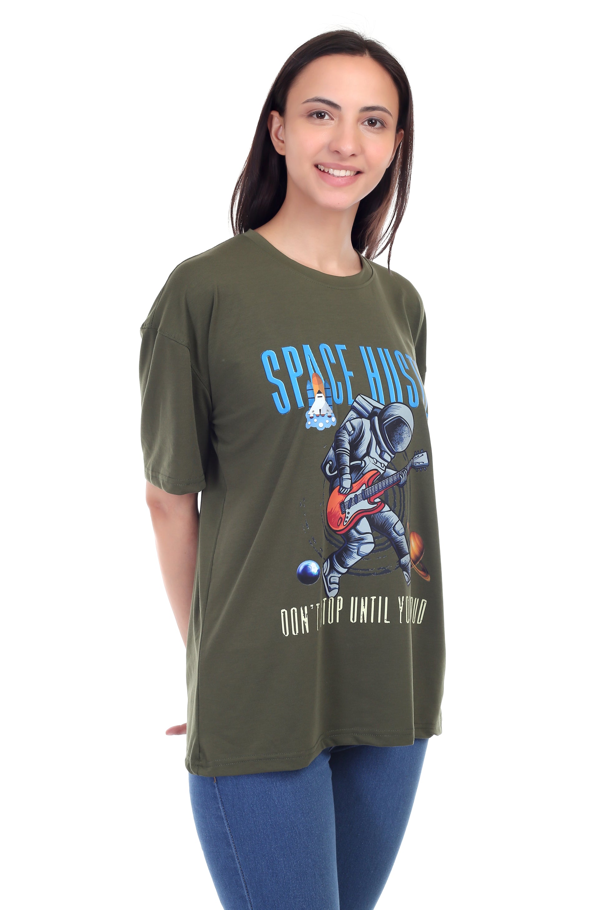 Women's Space Hustle Astronaut Printed Round Neck Half Sleeve Cotton Blend Over Sized T-Shirt