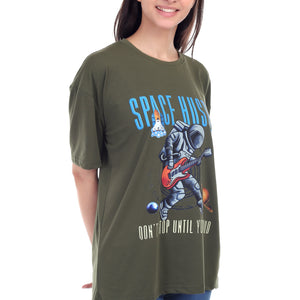 Women's Space Hustle Astronaut Printed Round Neck Half Sleeve Cotton Blend Over Sized T-Shirt