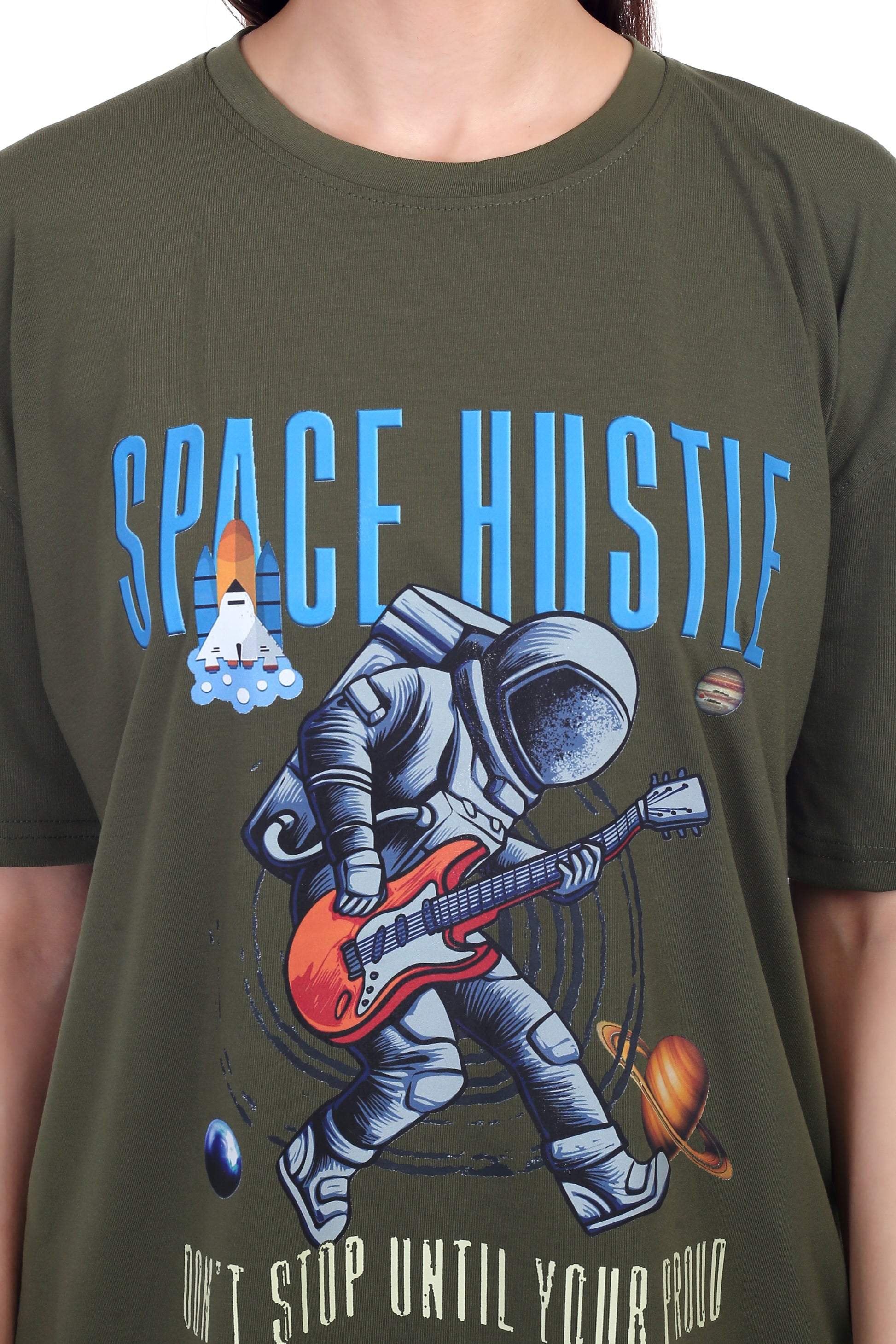 Women's Space Hustle Astronaut Printed Round Neck Half Sleeve Cotton Blend Over Sized T-Shirt