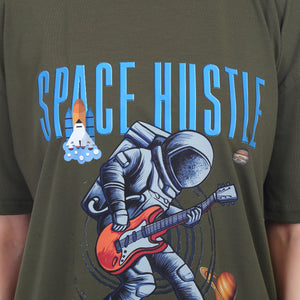 Women's Space Hustle Astronaut Printed Round Neck Half Sleeve Cotton Blend Over Sized T-Shirt