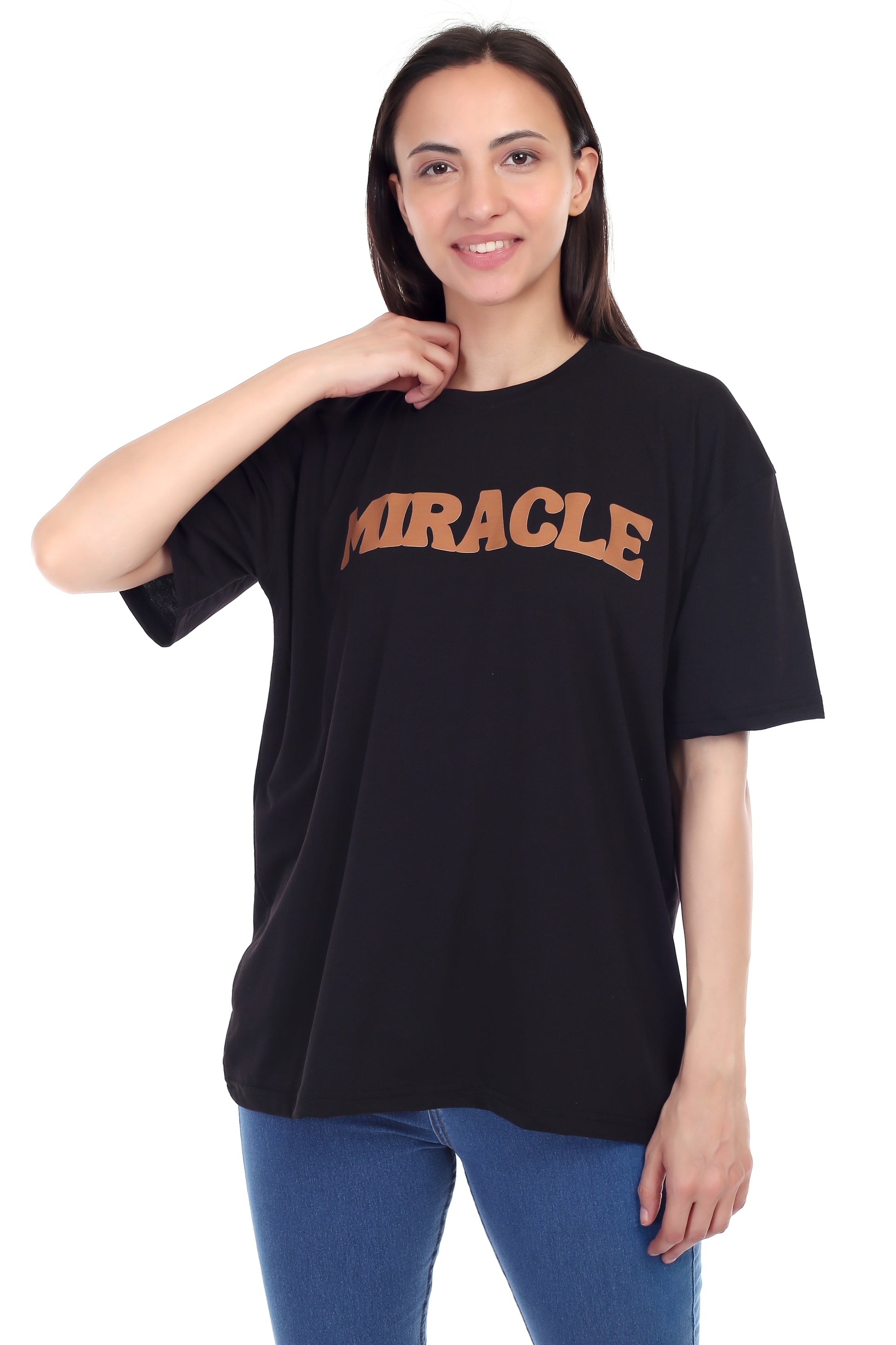 Women's Miracle Printed Round Neck Half Sleeve Cotton Blend Over-sized T-Shirt