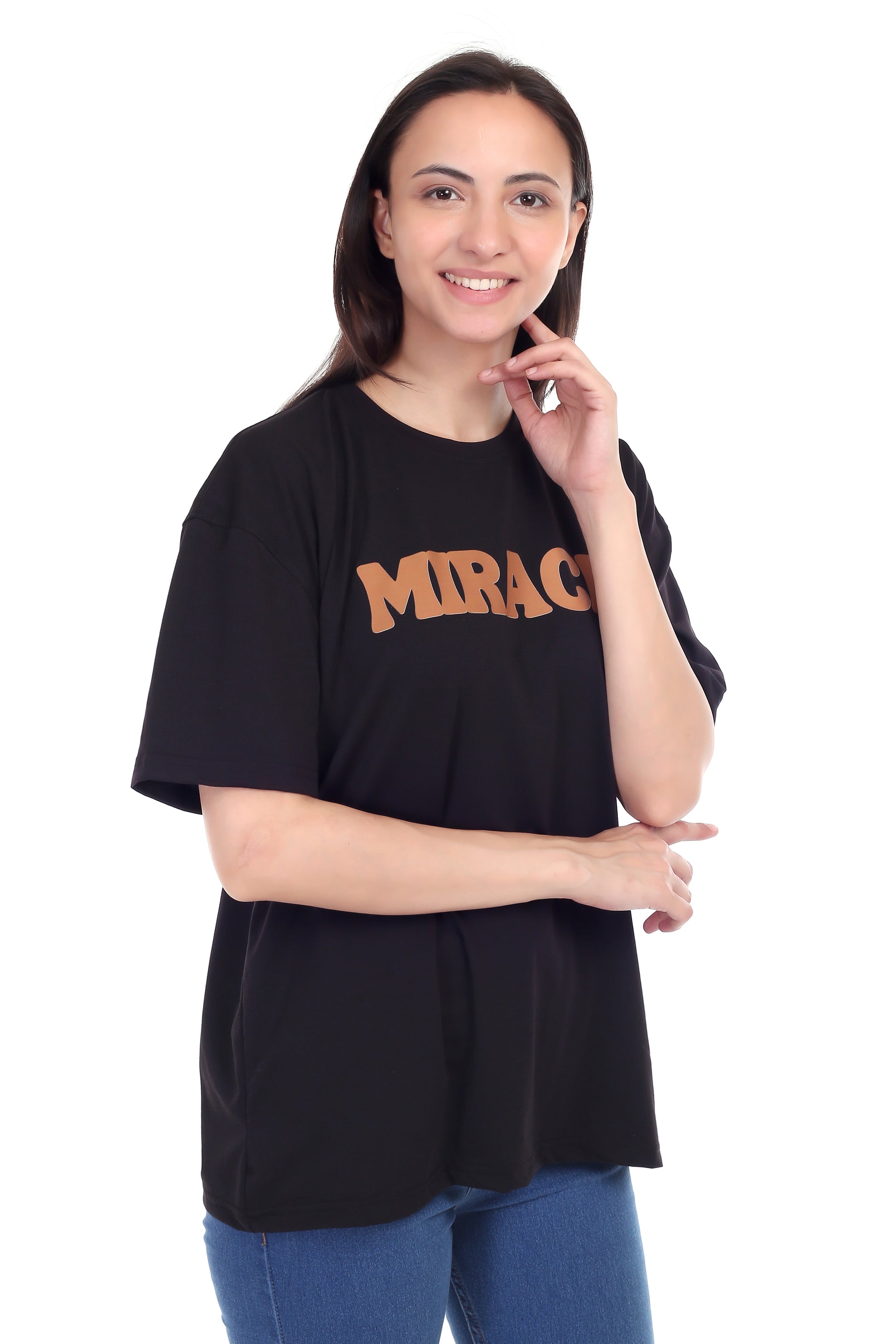 Women's Miracle Printed Round Neck Half Sleeve Cotton Blend Over-sized T-Shirt