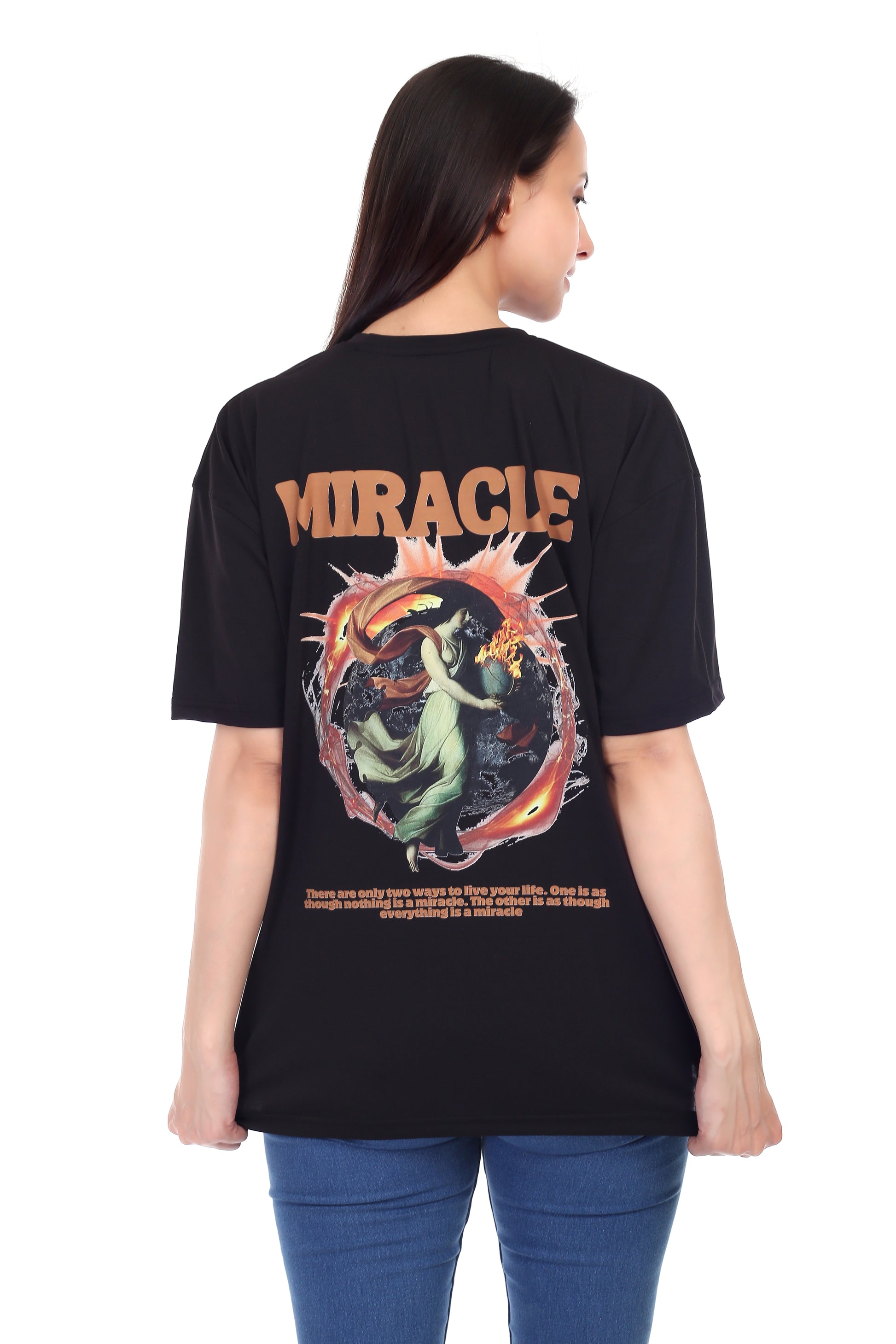 Women's Miracle Printed Round Neck Half Sleeve Cotton Blend Over-sized T-Shirt