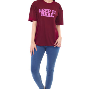 Women's KEEP IT REAL Printed Round Neck Half Sleeve Cotton Blend Over-sized T-Shirt