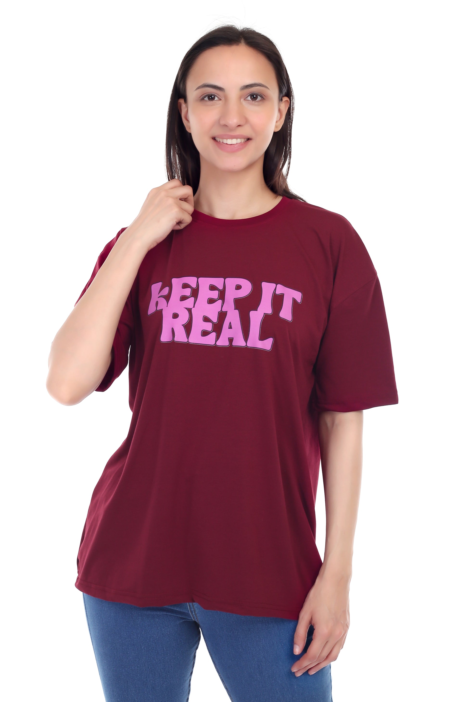 Women's KEEP IT REAL Printed Round Neck Half Sleeve Cotton Blend Over-sized T-Shirt