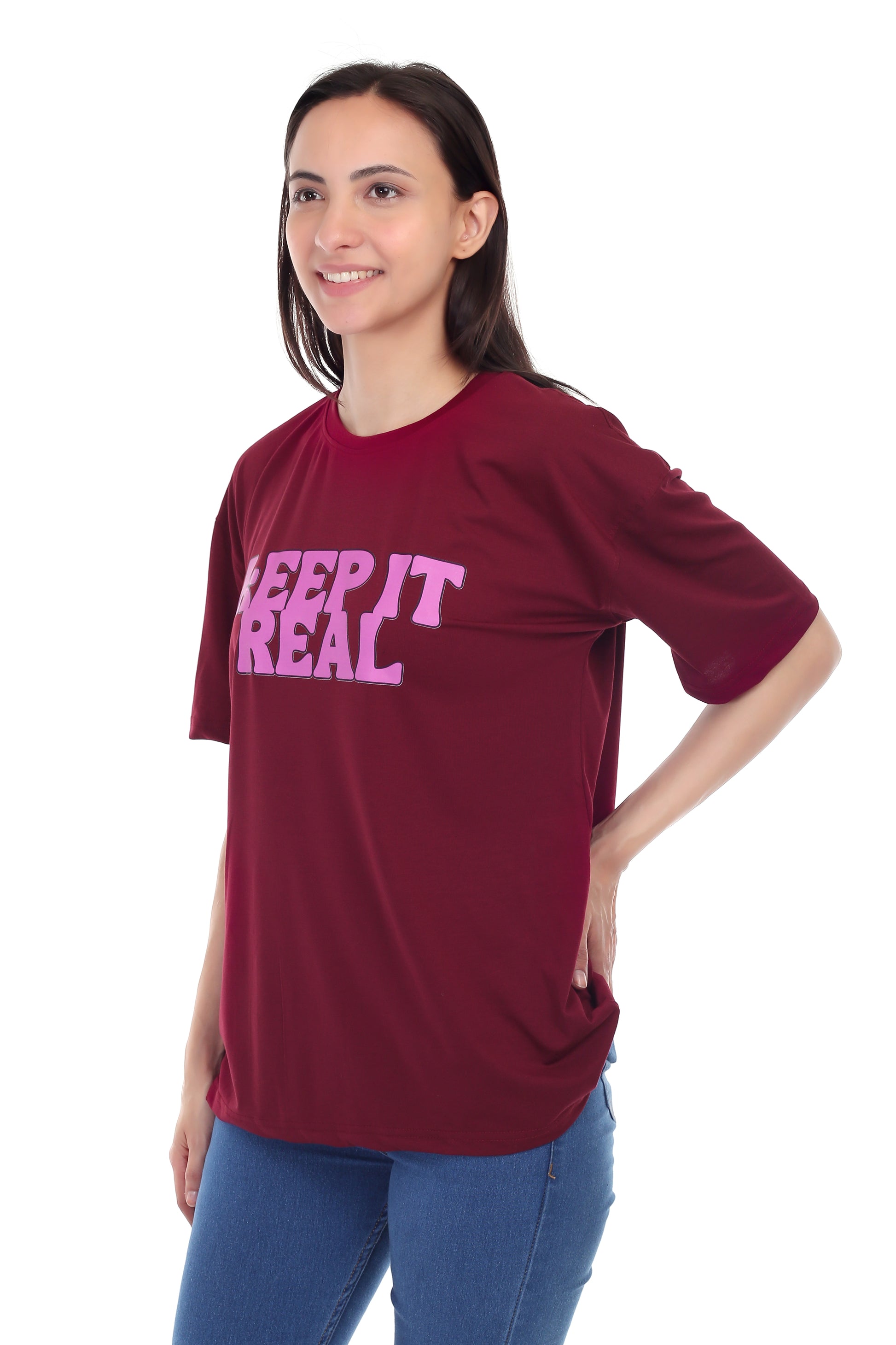 Women's KEEP IT REAL Printed Round Neck Half Sleeve Cotton Blend Over-sized T-Shirt