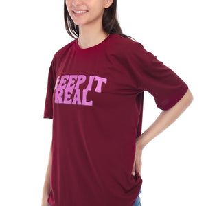 Women's KEEP IT REAL Printed Round Neck Half Sleeve Cotton Blend Over-sized T-Shirt