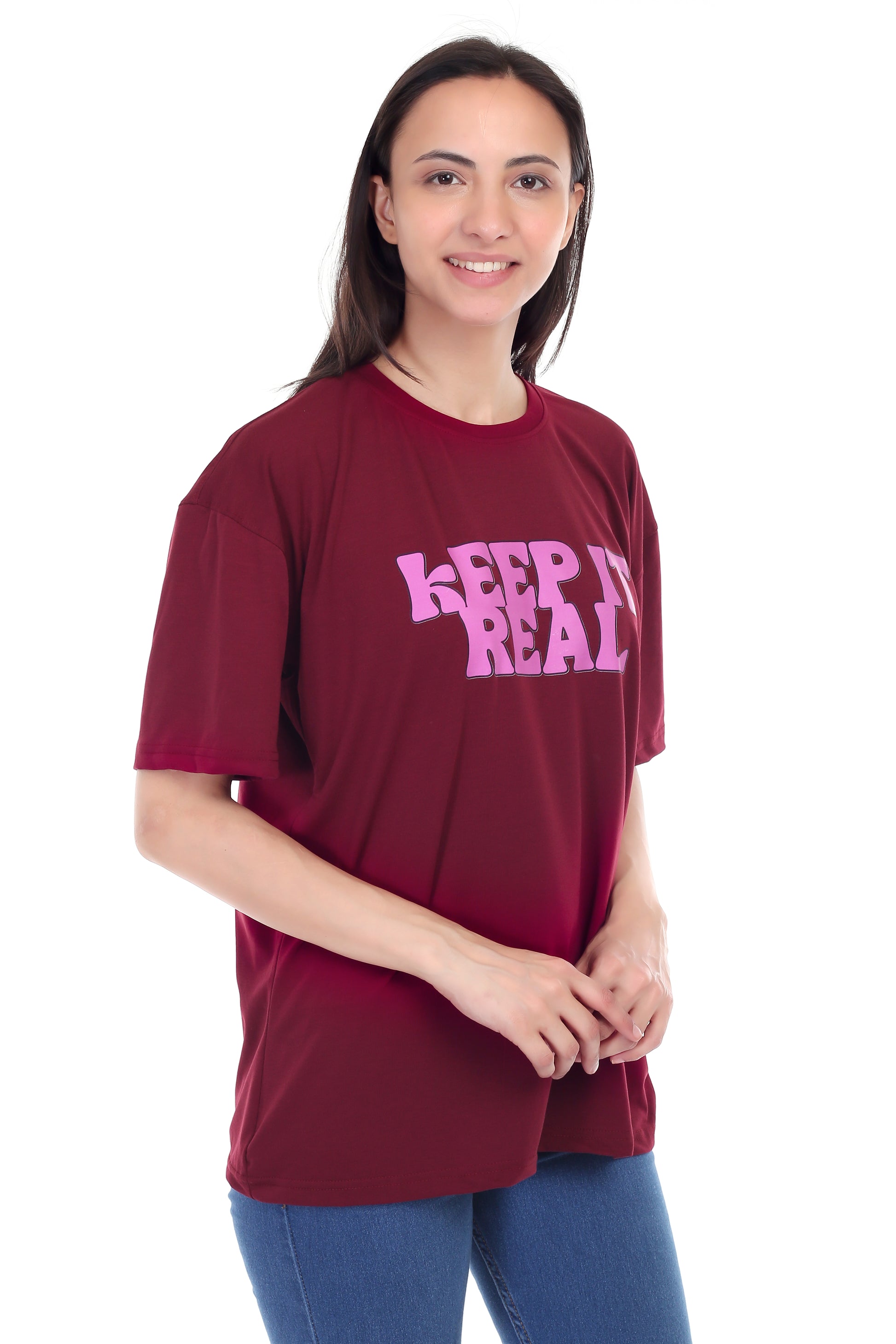 Women's KEEP IT REAL Printed Round Neck Half Sleeve Cotton Blend Over-sized T-Shirt