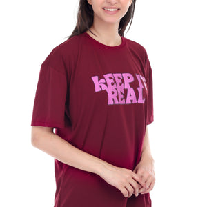 Women's KEEP IT REAL Printed Round Neck Half Sleeve Cotton Blend Over-sized T-Shirt