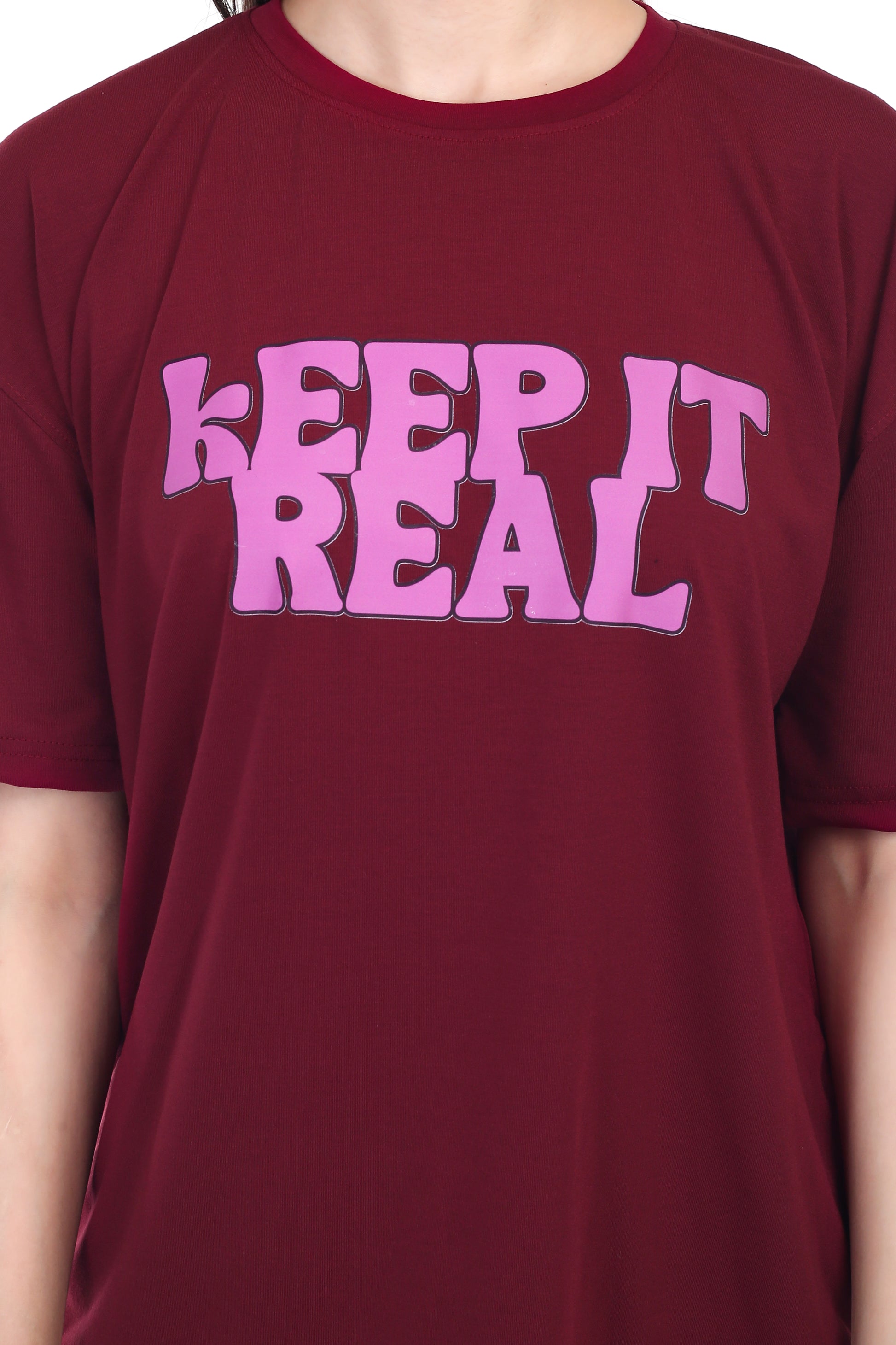 Women's KEEP IT REAL Printed Round Neck Half Sleeve Cotton Blend Over-sized T-Shirt