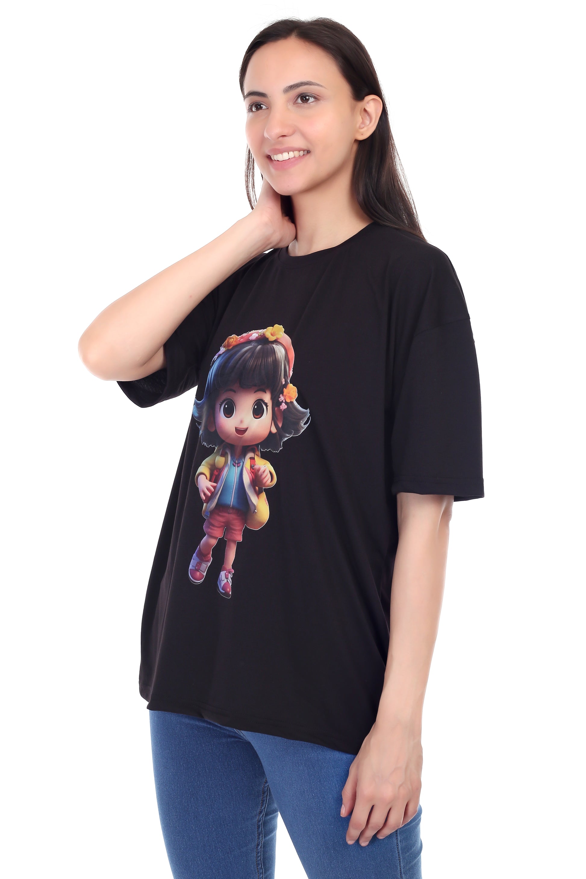 Women's Cartoon Girl Printed Round Neck Half Sleeve Cotton Blend Over Sized T-Shirt