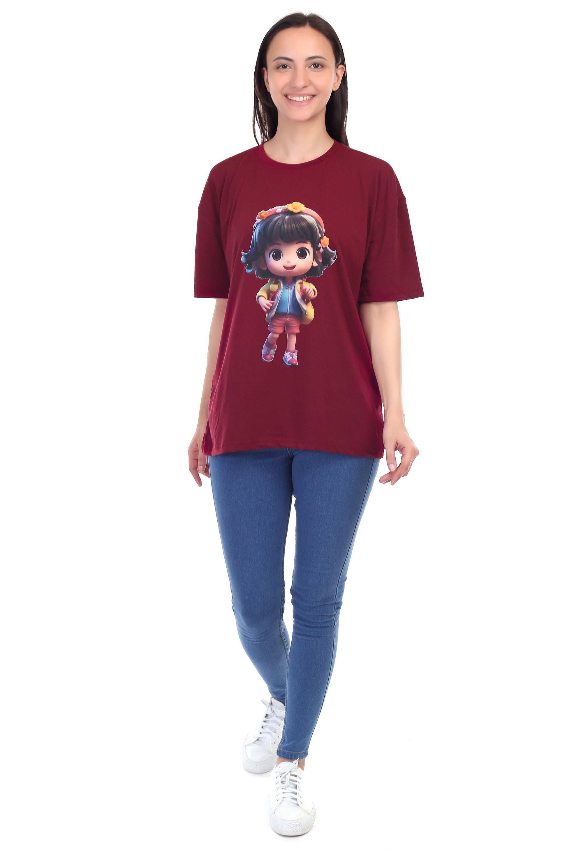 Women's Cartoon Girl Printed Round Neck Half Sleeve Cotton Blend Over Sized T-Shirt