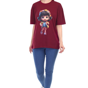 Women's Cartoon Girl Printed Round Neck Half Sleeve Cotton Blend Over Sized T-Shirt