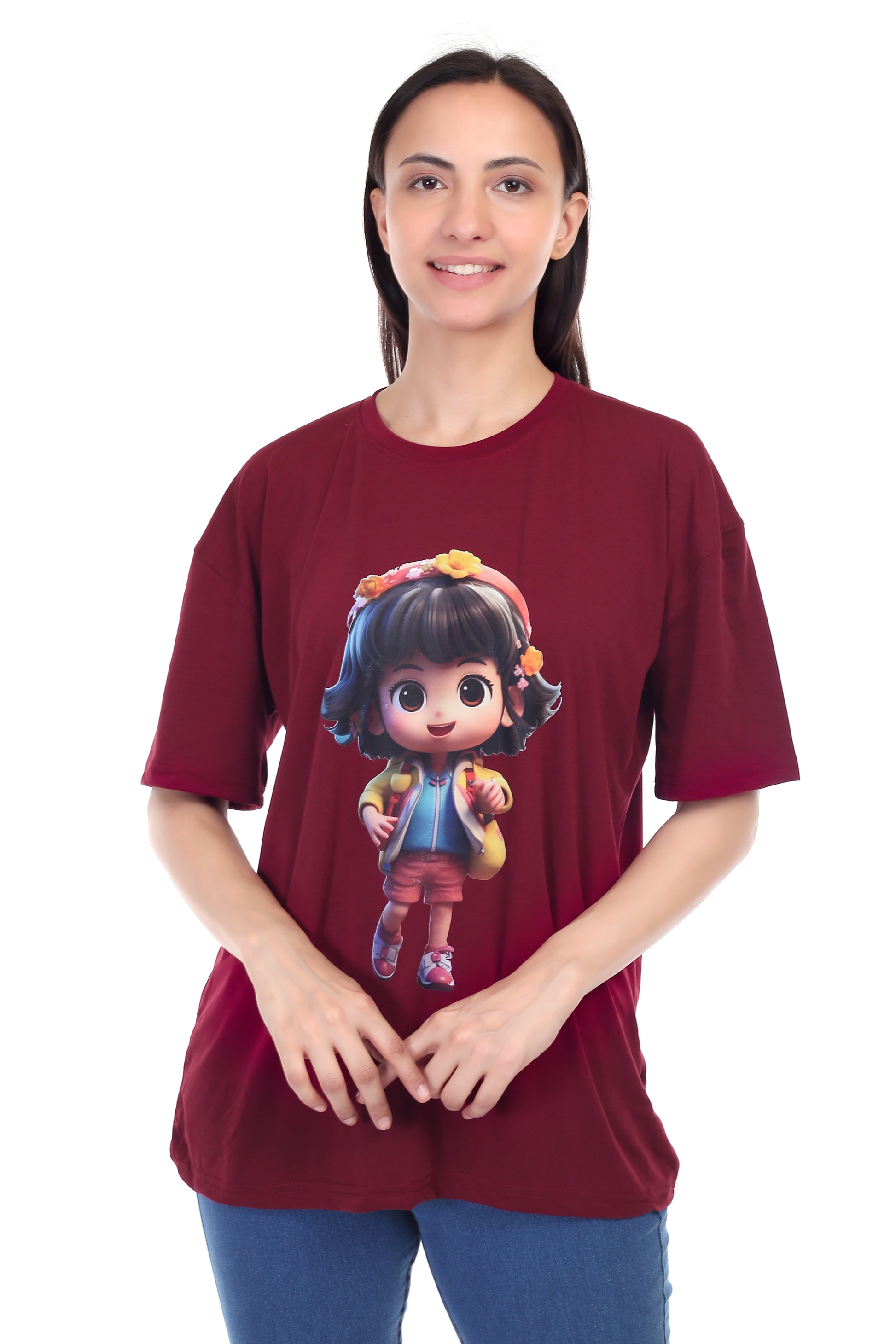 Women's Cartoon Girl Printed Round Neck Half Sleeve Cotton Blend Over Sized T-Shirt