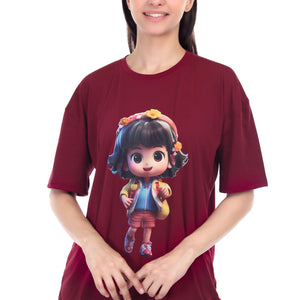 Women's Cartoon Girl Printed Round Neck Half Sleeve Cotton Blend Over Sized T-Shirt