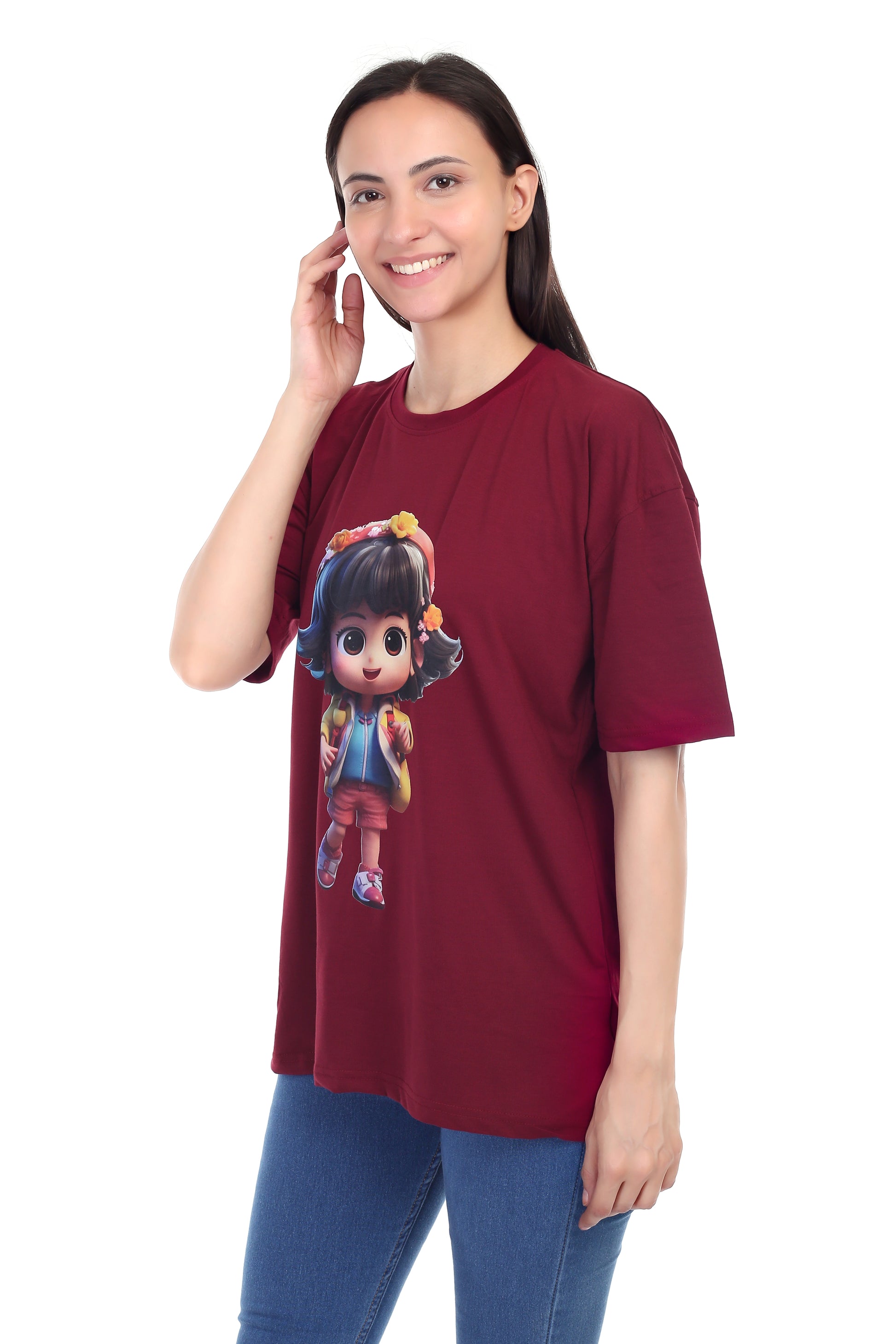 Women's Cartoon Girl Printed Round Neck Half Sleeve Cotton Blend Over Sized T-Shirt