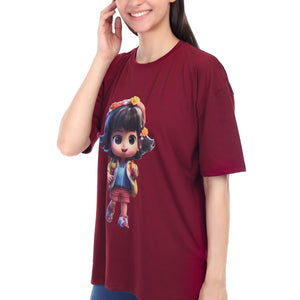 Women's Cartoon Girl Printed Round Neck Half Sleeve Cotton Blend Over Sized T-Shirt