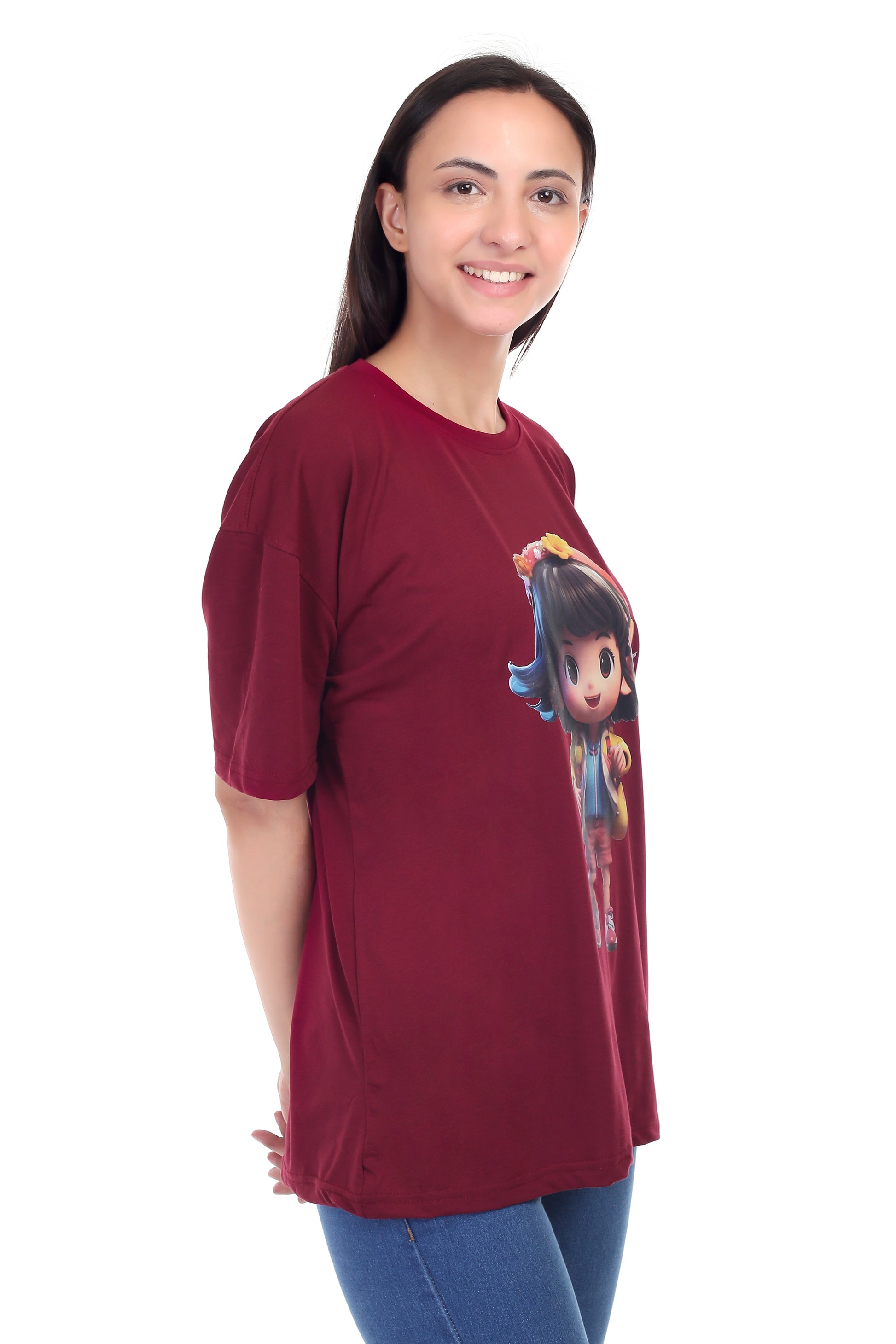 Women's Cartoon Girl Printed Round Neck Half Sleeve Cotton Blend Over Sized T-Shirt