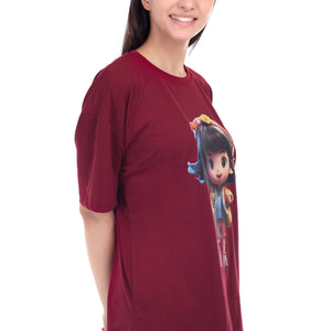 Women's Cartoon Girl Printed Round Neck Half Sleeve Cotton Blend Over Sized T-Shirt