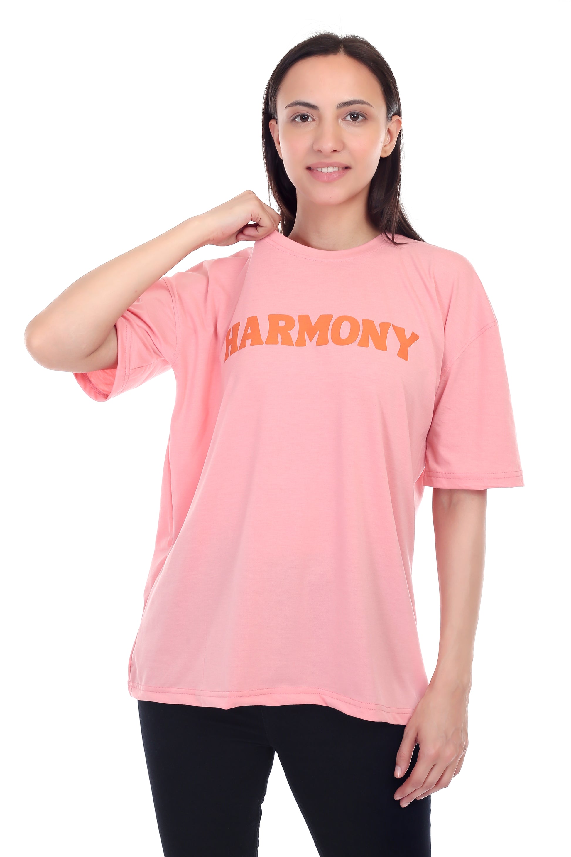 Women's HARMONY Printed Round Neck Half Sleeve Cotton Blend Over-sized T-Shirt