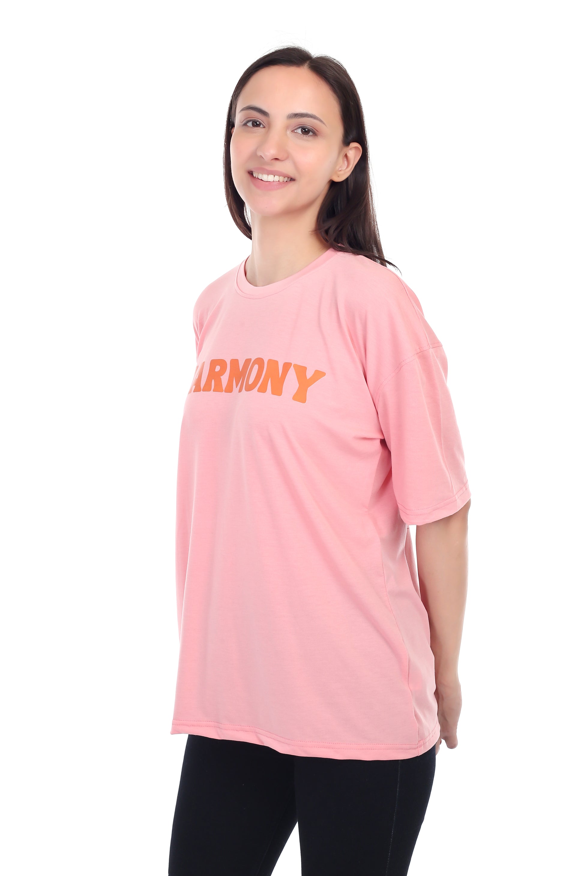 Women's HARMONY Printed Round Neck Half Sleeve Cotton Blend Over-sized T-Shirt