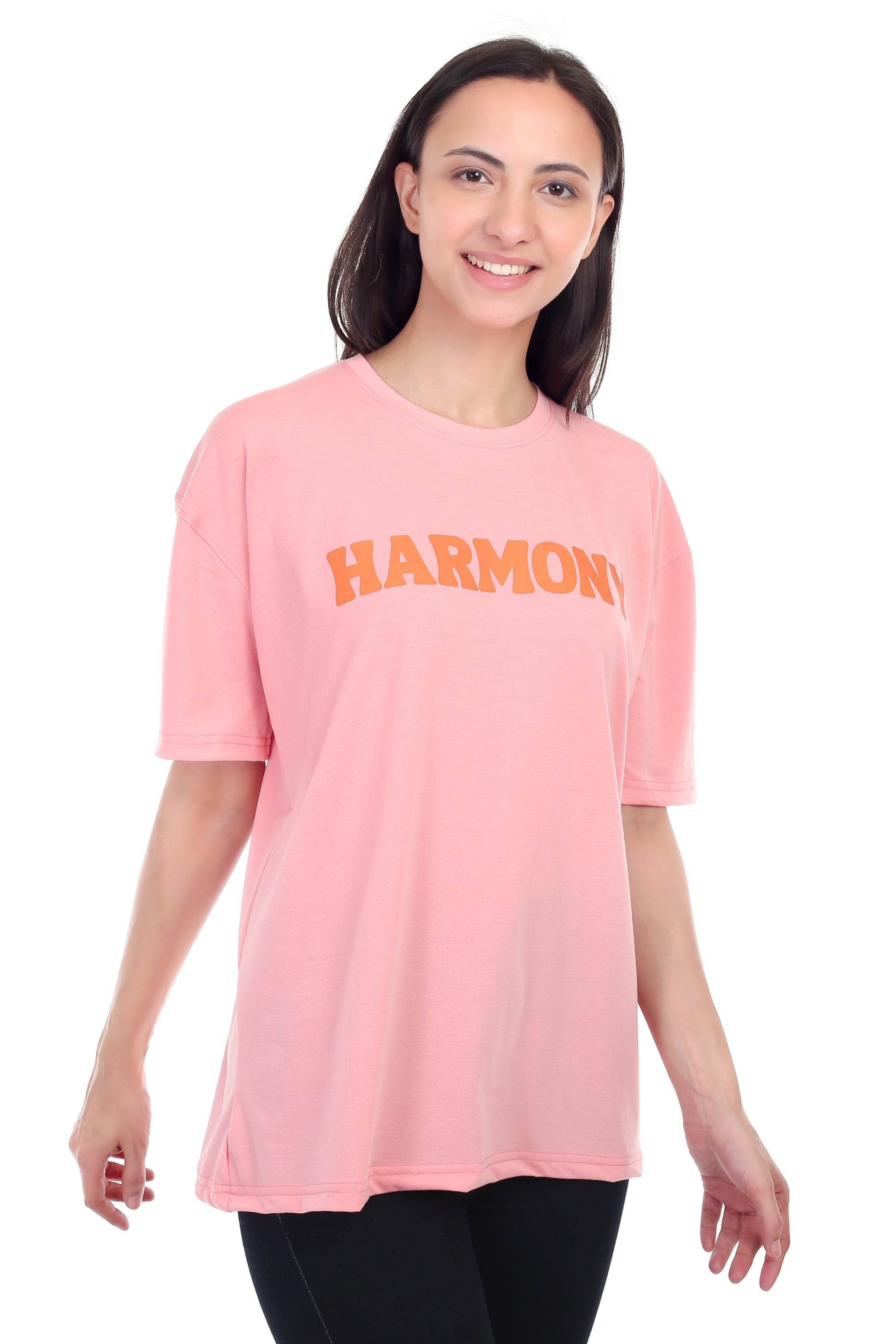 Women's HARMONY Printed Round Neck Half Sleeve Cotton Blend Over-sized T-Shirt