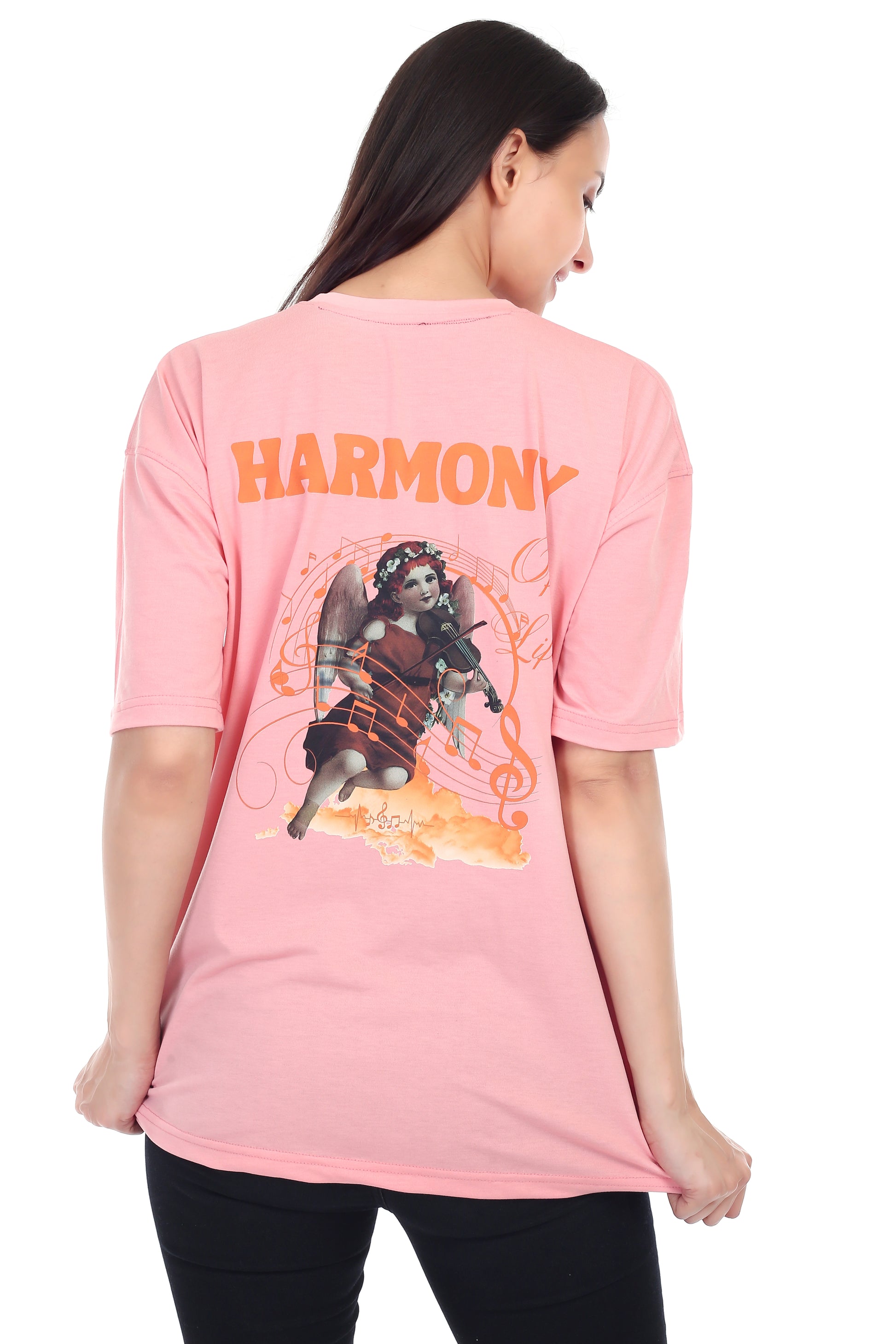 Women's HARMONY Printed Round Neck Half Sleeve Cotton Blend Over-sized T-Shirt