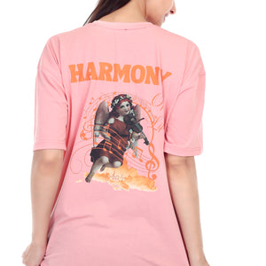 Women's HARMONY Printed Round Neck Half Sleeve Cotton Blend Over-sized T-Shirt