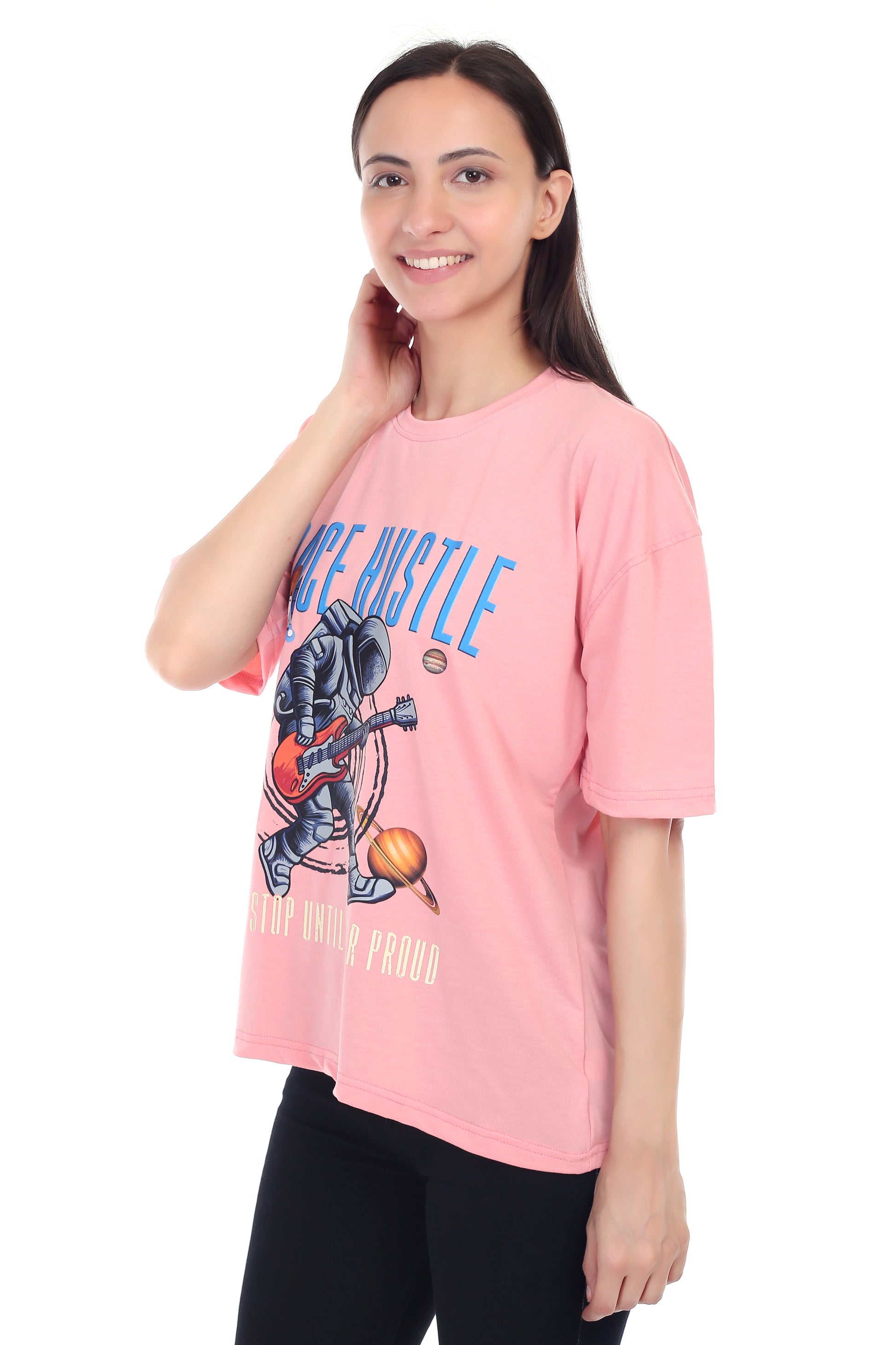 Women's Space Hustle Astronaut Printed Round Neck Half Sleeve Cotton Blend Over Sized T-Shirt