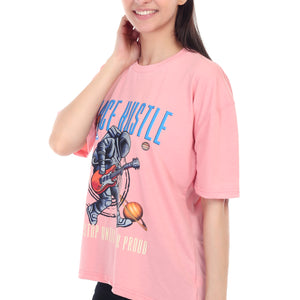 Women's Space Hustle Astronaut Printed Round Neck Half Sleeve Cotton Blend Over Sized T-Shirt