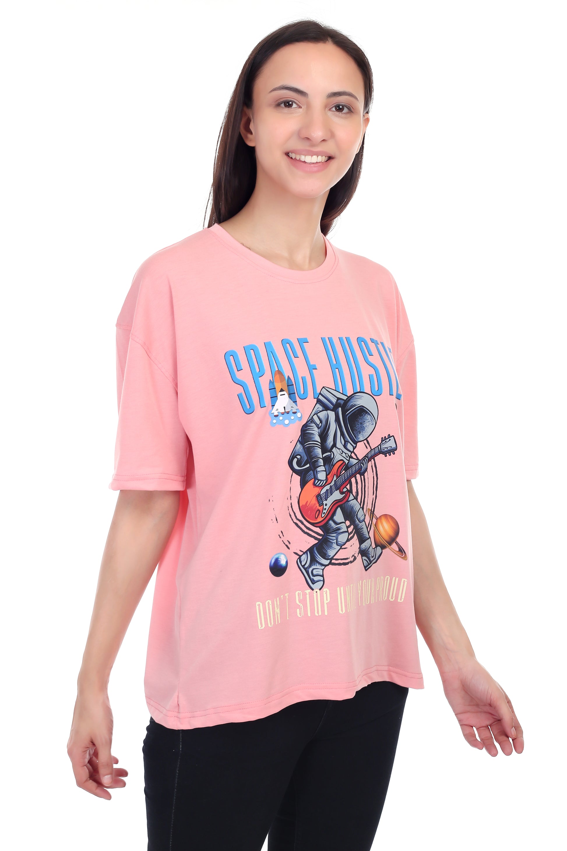 Women's Space Hustle Astronaut Printed Round Neck Half Sleeve Cotton Blend Over Sized T-Shirt