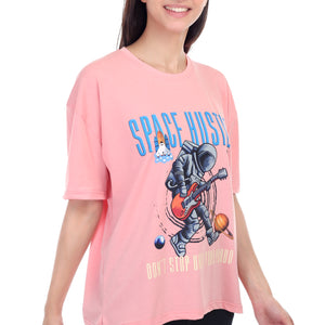 Women's Space Hustle Astronaut Printed Round Neck Half Sleeve Cotton Blend Over Sized T-Shirt