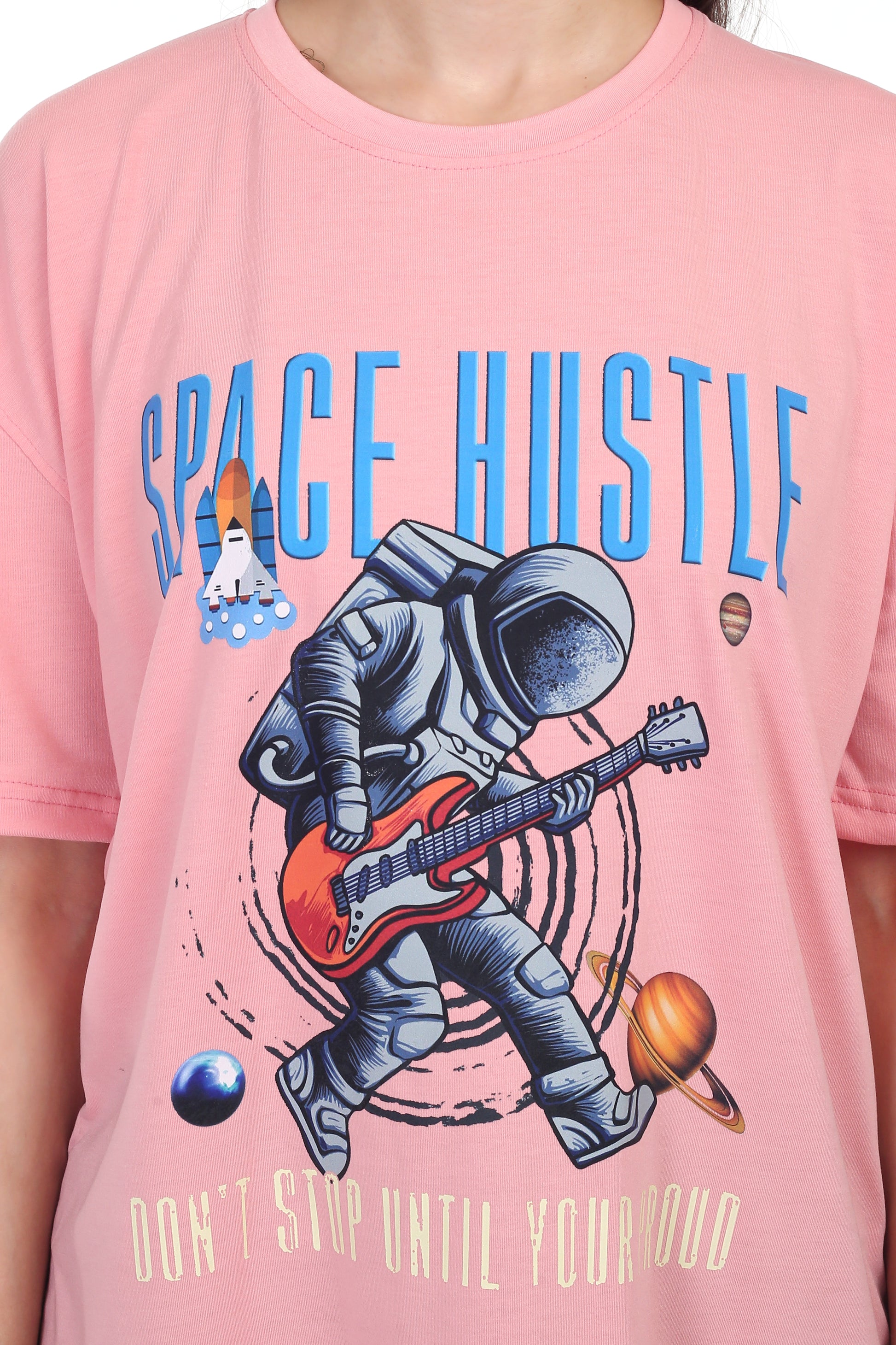 Women's Space Hustle Astronaut Printed Round Neck Half Sleeve Cotton Blend Over Sized T-Shirt