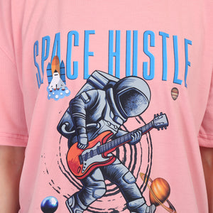 Women's Space Hustle Astronaut Printed Round Neck Half Sleeve Cotton Blend Over Sized T-Shirt