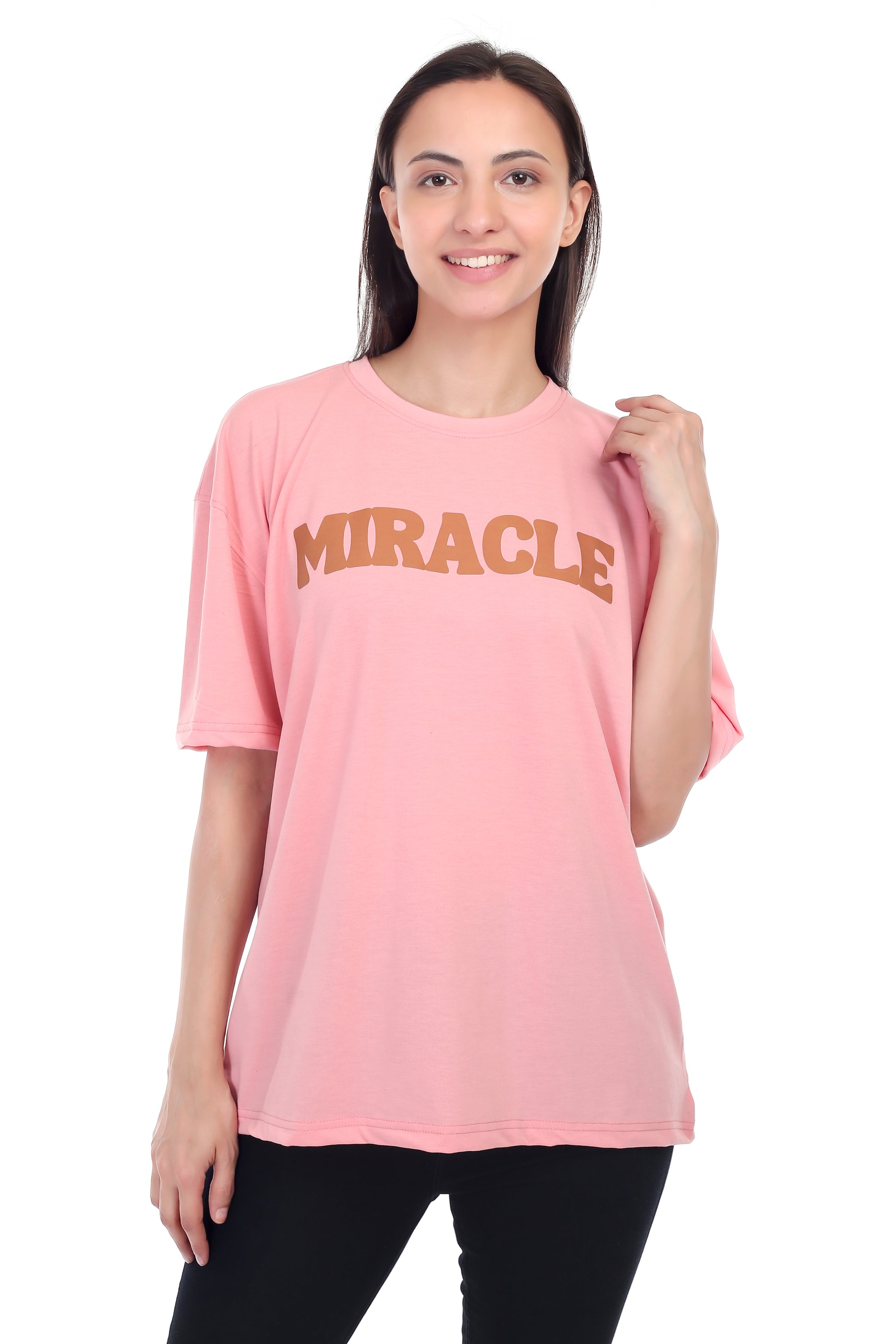 Women's Miracle Printed Round Neck Half Sleeve Cotton Blend Over-sized T-Shirt