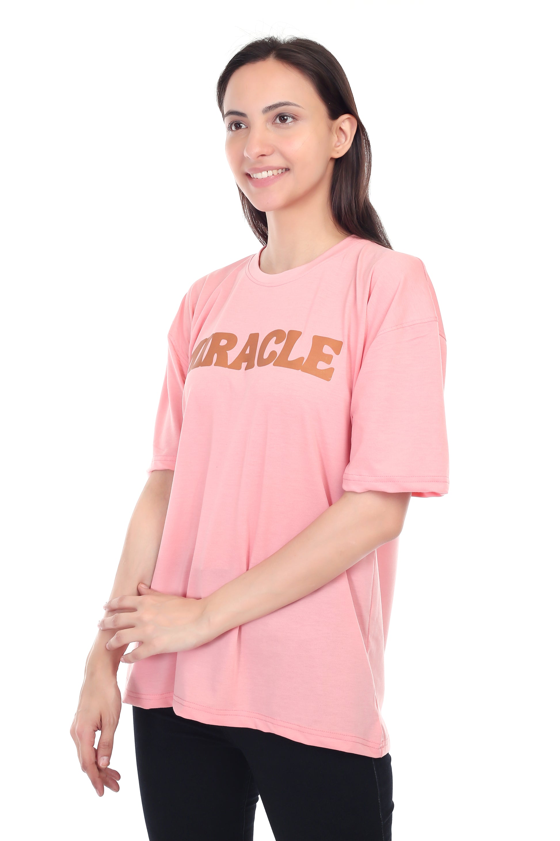 Women's Miracle Printed Round Neck Half Sleeve Cotton Blend Over-sized T-Shirt