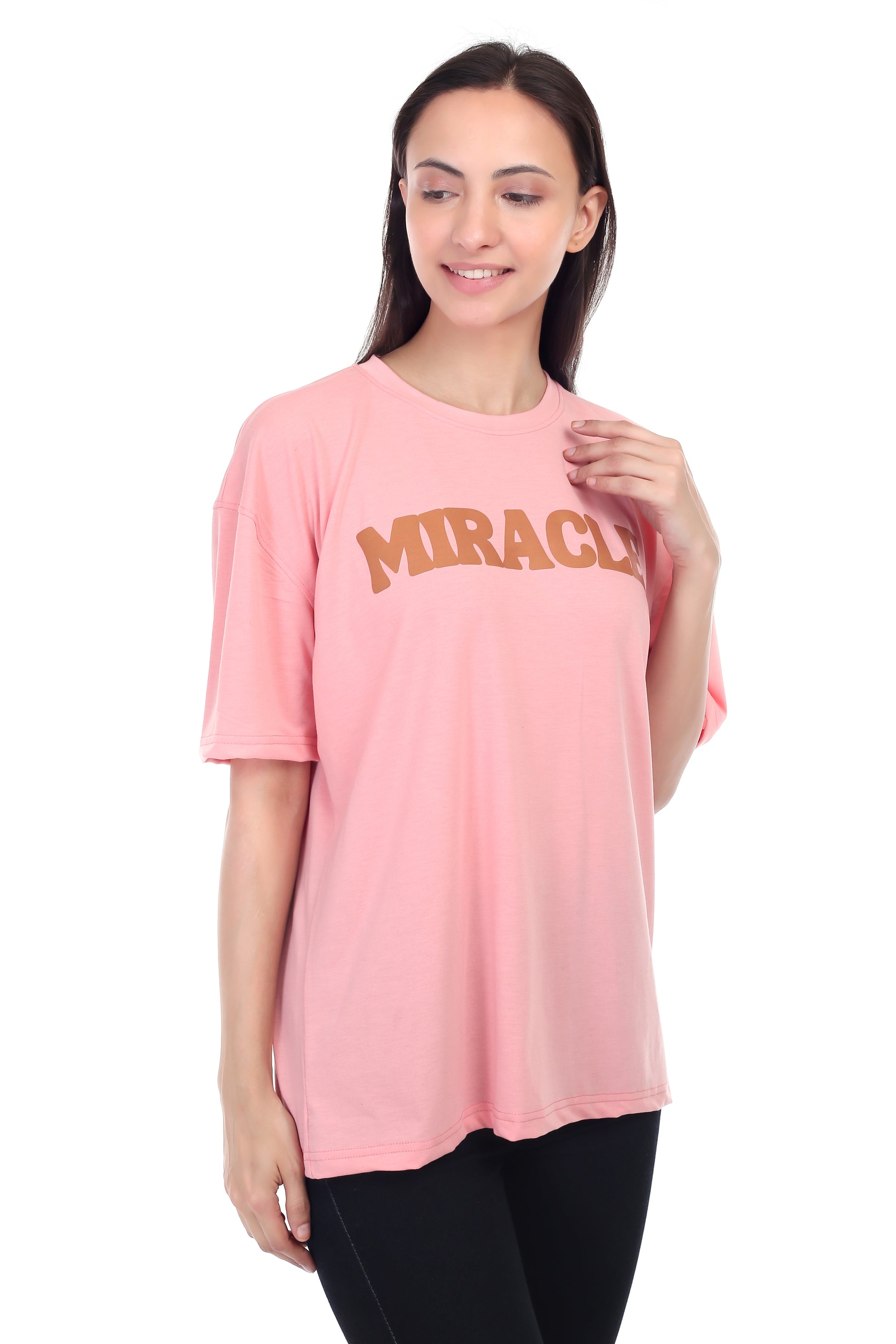 Women's Miracle Printed Round Neck Half Sleeve Cotton Blend Over-sized T-Shirt