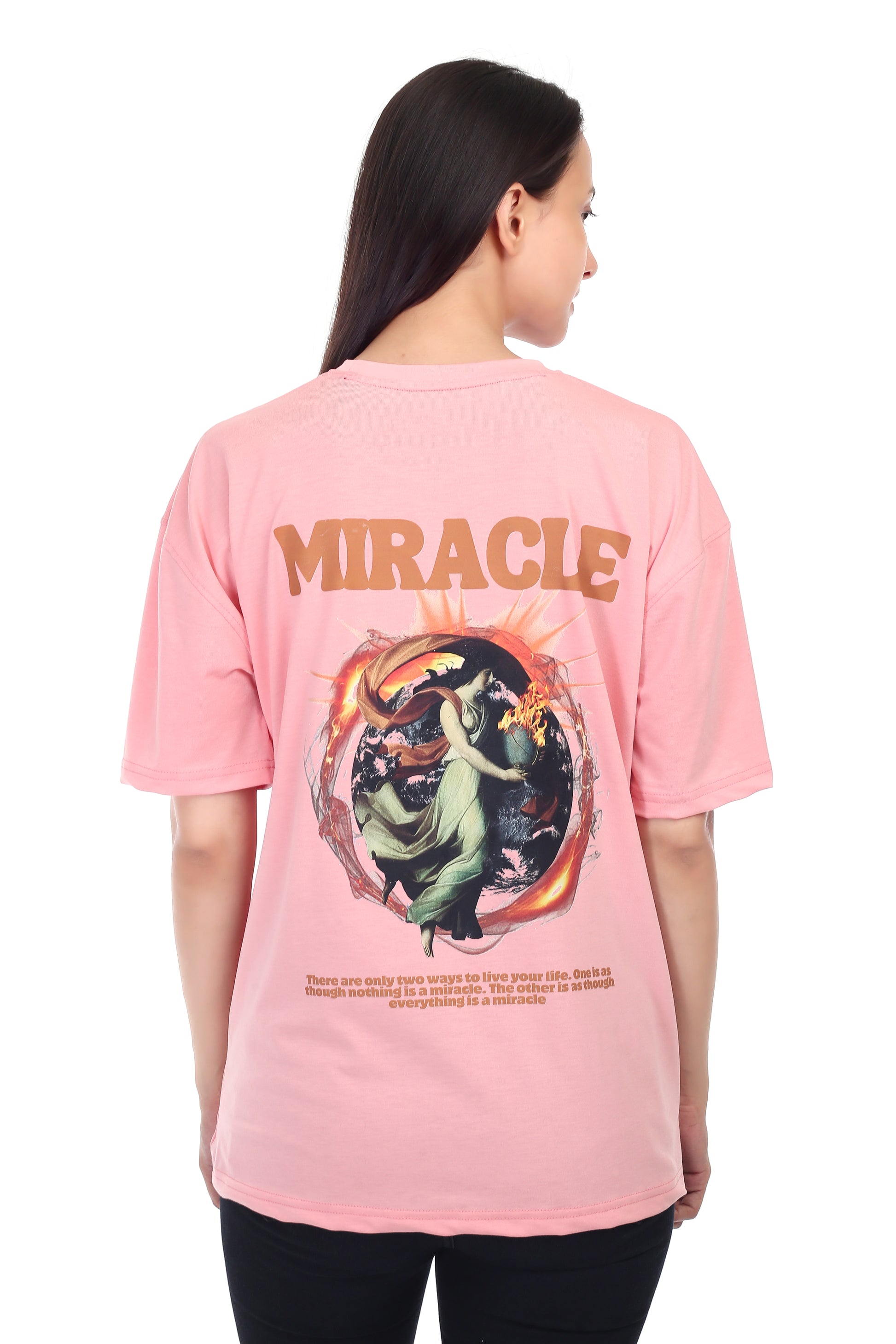 Women's Miracle Printed Round Neck Half Sleeve Cotton Blend Over-sized T-Shirt