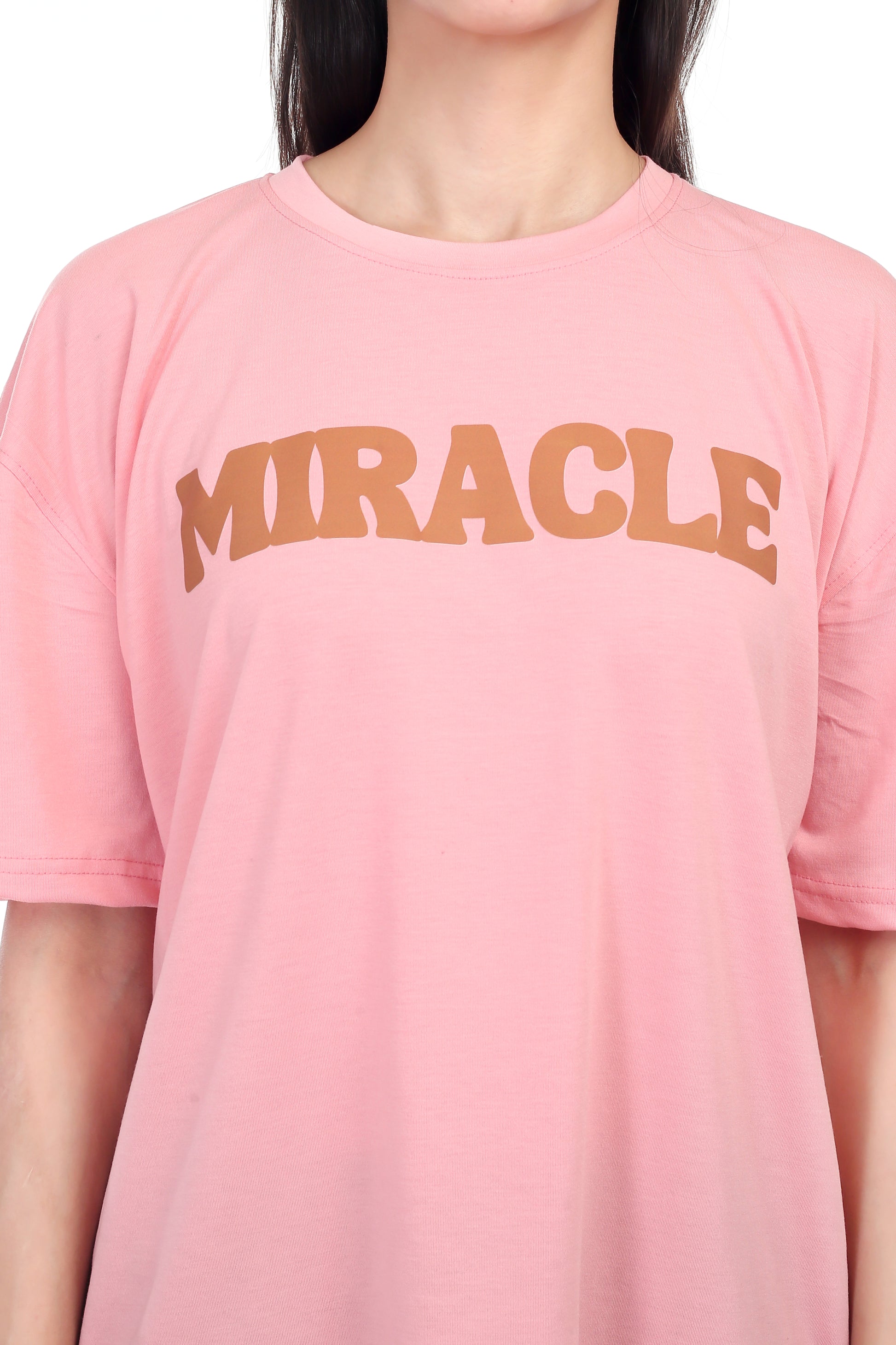 Women's Miracle Printed Round Neck Half Sleeve Cotton Blend Over-sized T-Shirt