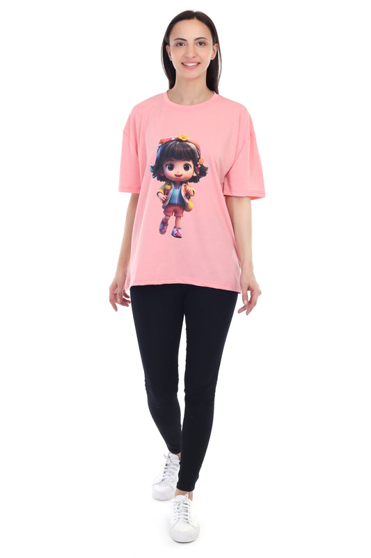 Women's Cartoon Girl Printed Round Neck Half Sleeve Cotton Blend Over Sized T-Shirt