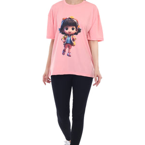 Women's Cartoon Girl Printed Round Neck Half Sleeve Cotton Blend Over Sized T-Shirt