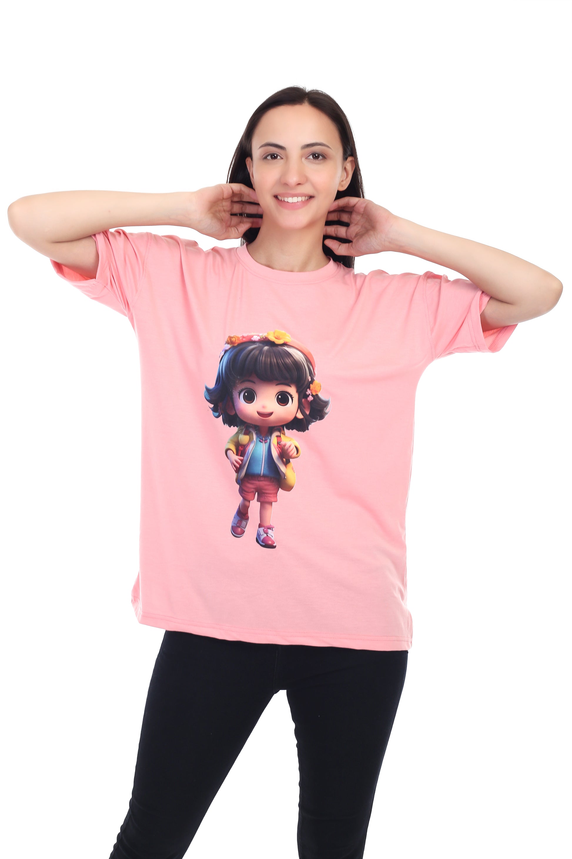 Women's Cartoon Girl Printed Round Neck Half Sleeve Cotton Blend Over Sized T-Shirt