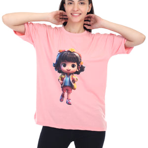 Women's Cartoon Girl Printed Round Neck Half Sleeve Cotton Blend Over Sized T-Shirt