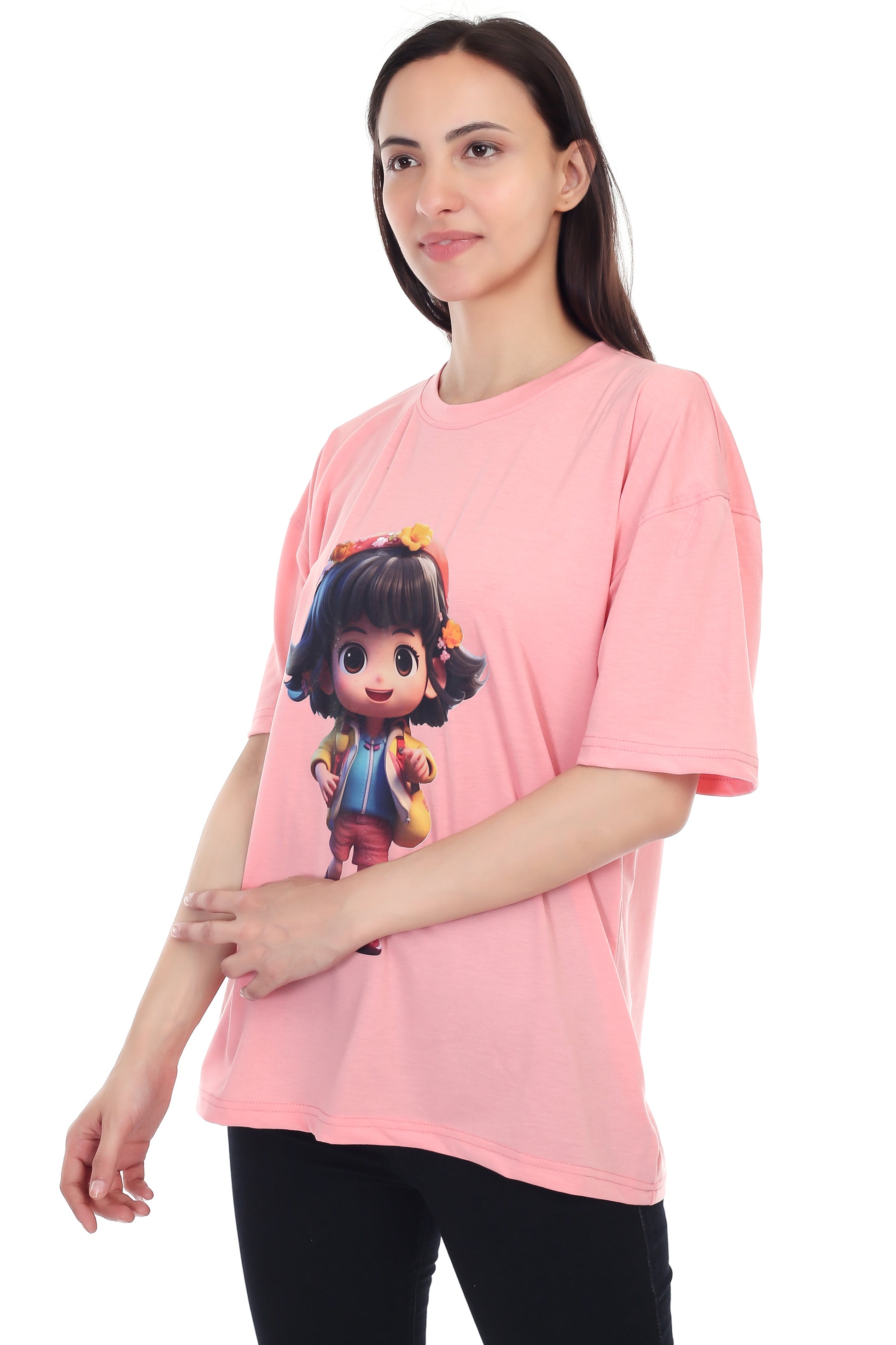 Women's Cartoon Girl Printed Round Neck Half Sleeve Cotton Blend Over Sized T-Shirt