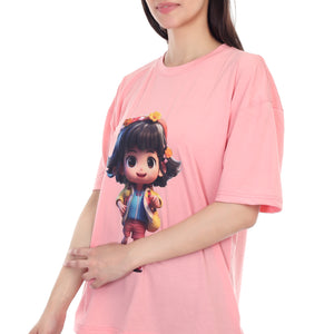 Women's Cartoon Girl Printed Round Neck Half Sleeve Cotton Blend Over Sized T-Shirt