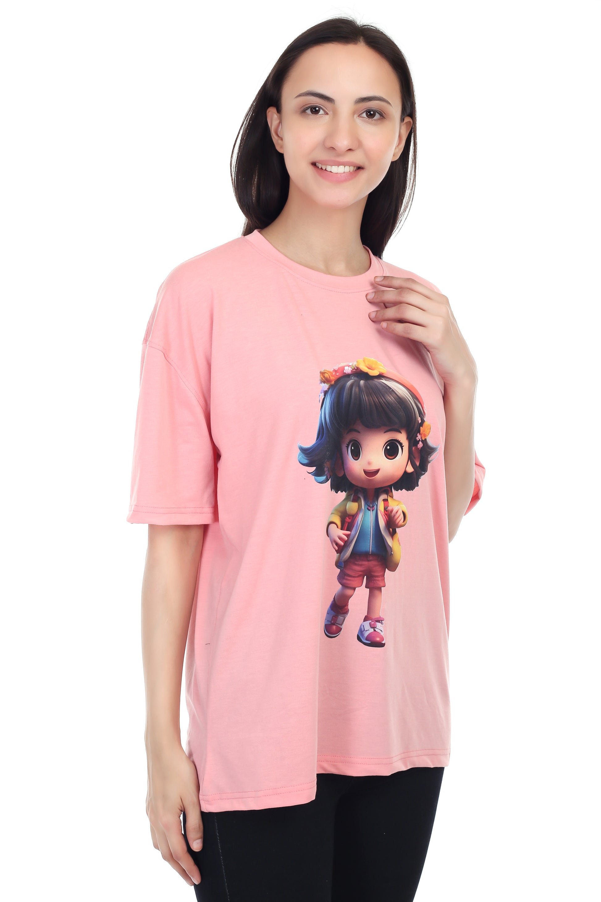 Women's Cartoon Girl Printed Round Neck Half Sleeve Cotton Blend Over Sized T-Shirt