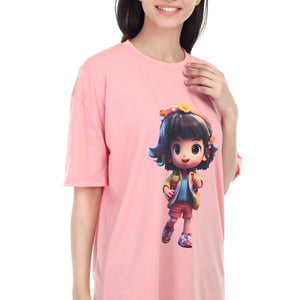 Women's Cartoon Girl Printed Round Neck Half Sleeve Cotton Blend Over Sized T-Shirt