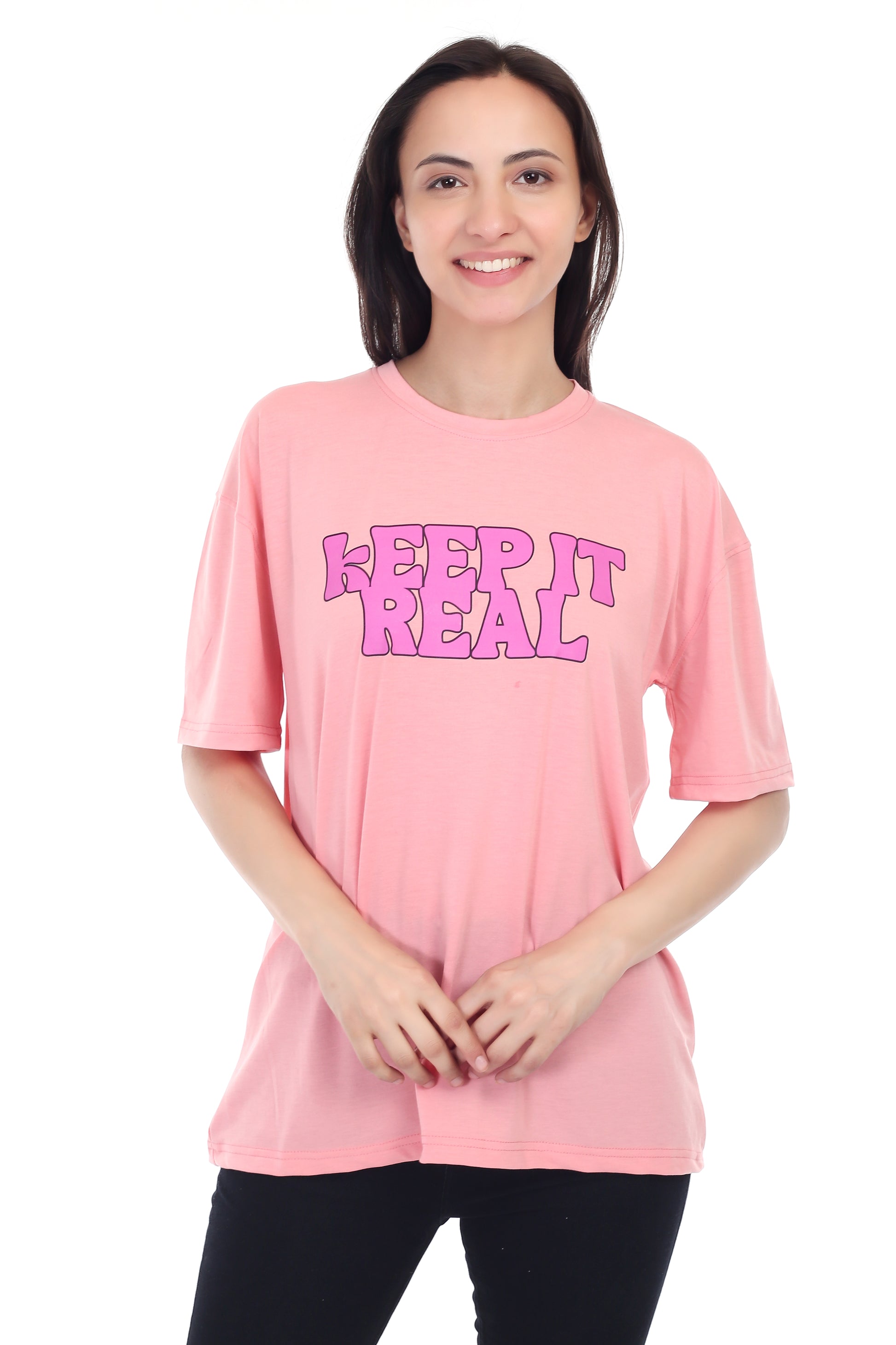 Women's KEEP IT REAL Printed Round Neck Half Sleeve Cotton Blend Over-sized T-Shirt